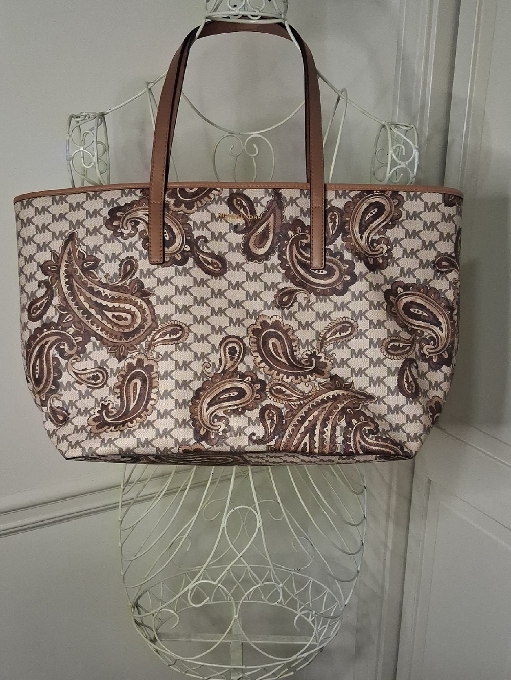 Michael Kors Emry Beige and Brown Paisley Signature Tote